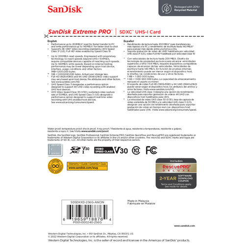 Tarjeta SanDisk Extreme PRO SDXC de 256GB 200MB/s