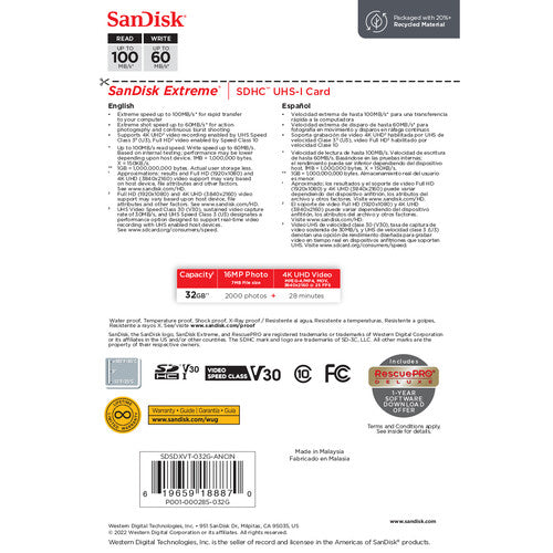 Tarjeta SanDisk Extreme SDHC de 32GB 100MB/s