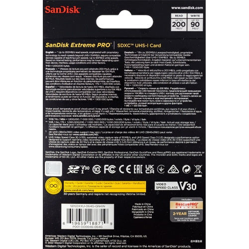 Tarjeta SanDisk Extreme PRO SDXC de 64GB 200 MB/s