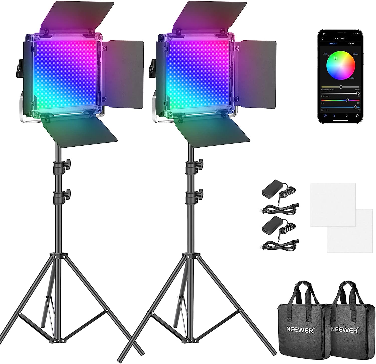 Kit de 2 lámpara Neewer LED- NL660 APP RGB, Pedestales y Estuche
