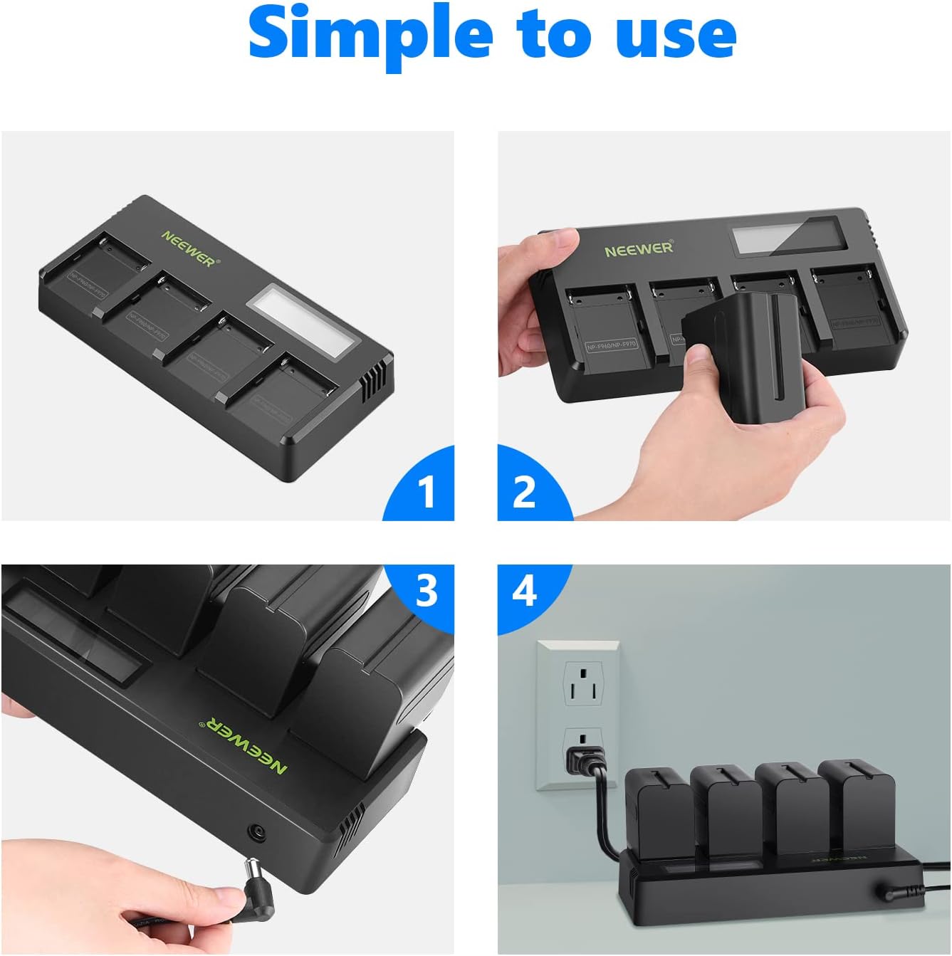 Kit de Cargador Cuadrúple y 4 baterías NP-F970 Neewer