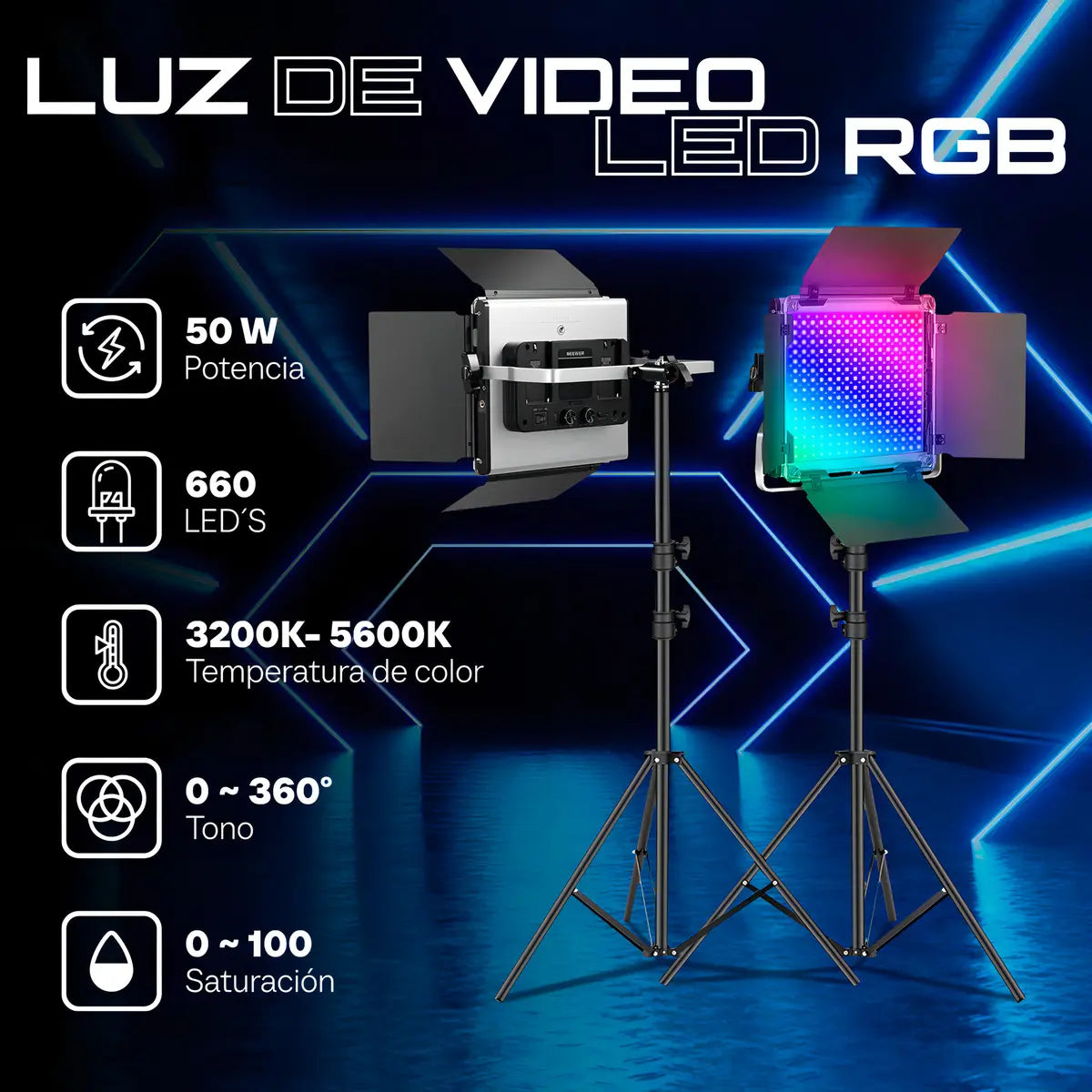 Kit de 2 lámpara Neewer LED- 660 RGB Pro II pedestales y Estuche Neewer