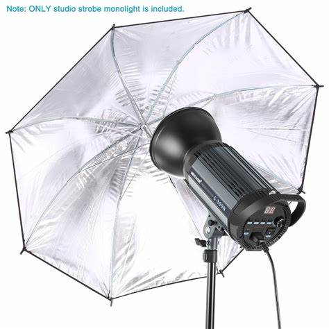 Kit Strobe Weifeng M-300 incluye 1 Monolight 300w, 1 Pedestal y 1 Sombrilla dorado/negro
