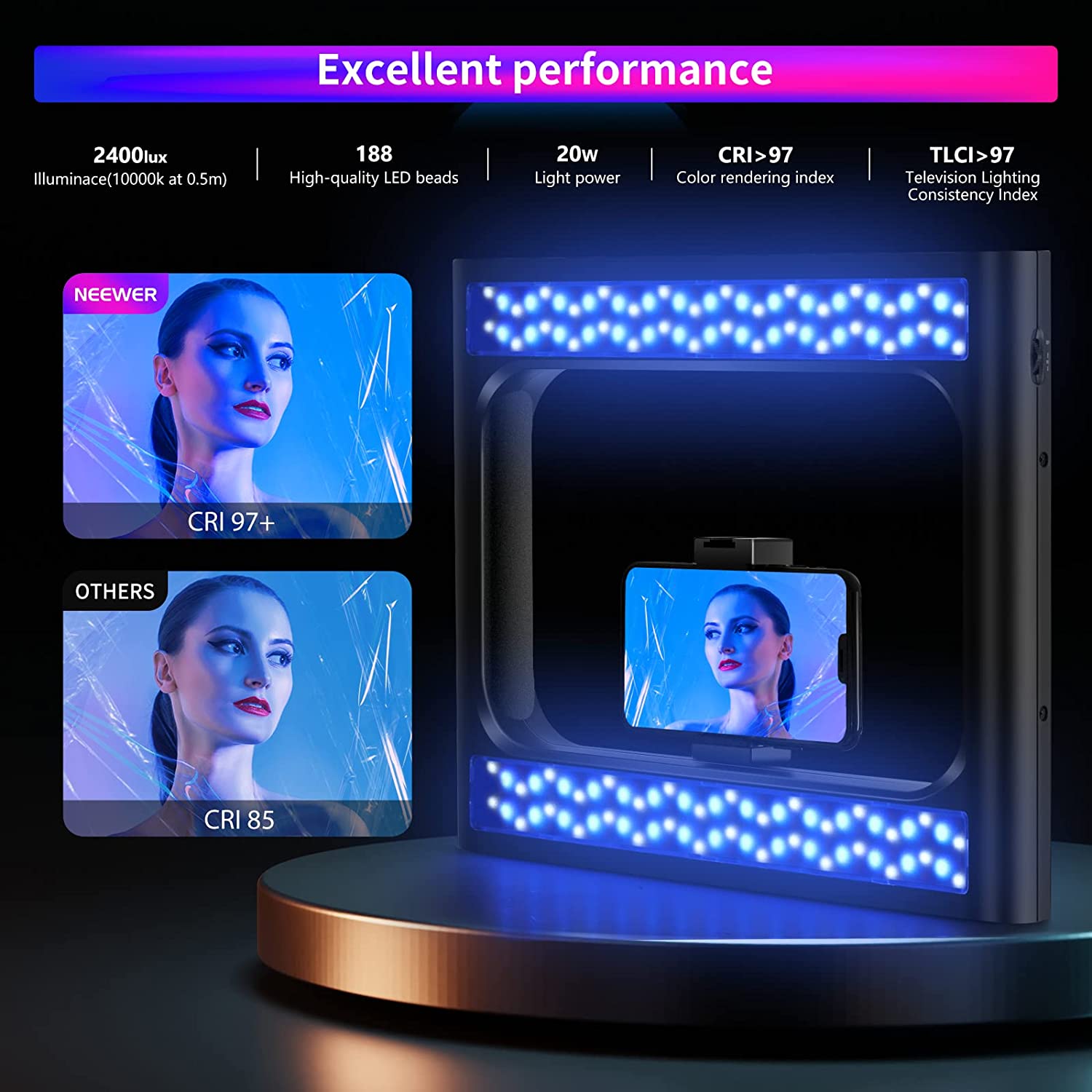 Kit VideoRig con lámpara RGB Neewer 10100582 con 2 baterías y cargador doble