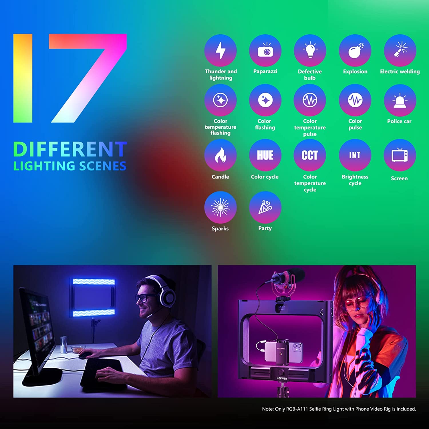 Kit VideoRig con lámpara RGB Neewer 10100582 con 2 baterías y cargador doble