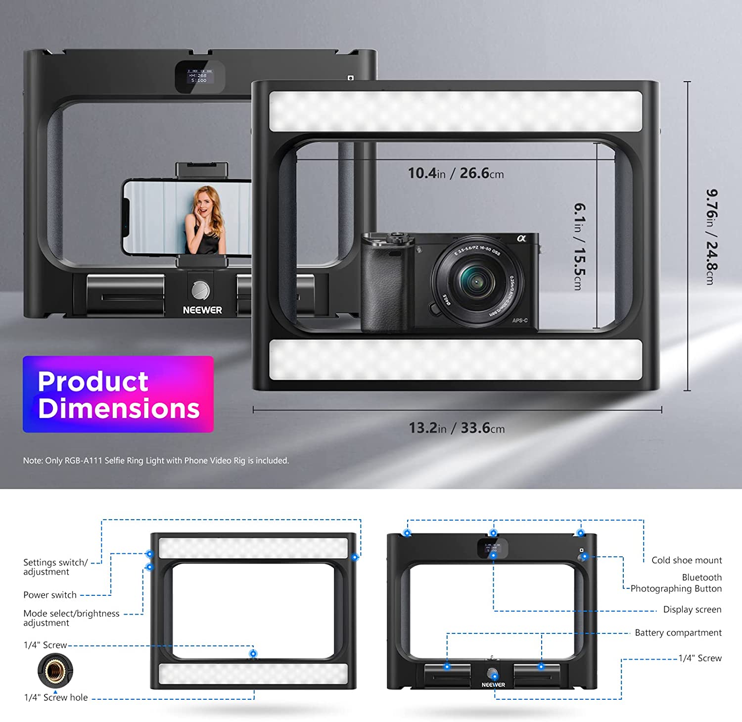 Kit VideoRig con lámpara RGB Neewer 10100582 con 2 baterías y cargador doble