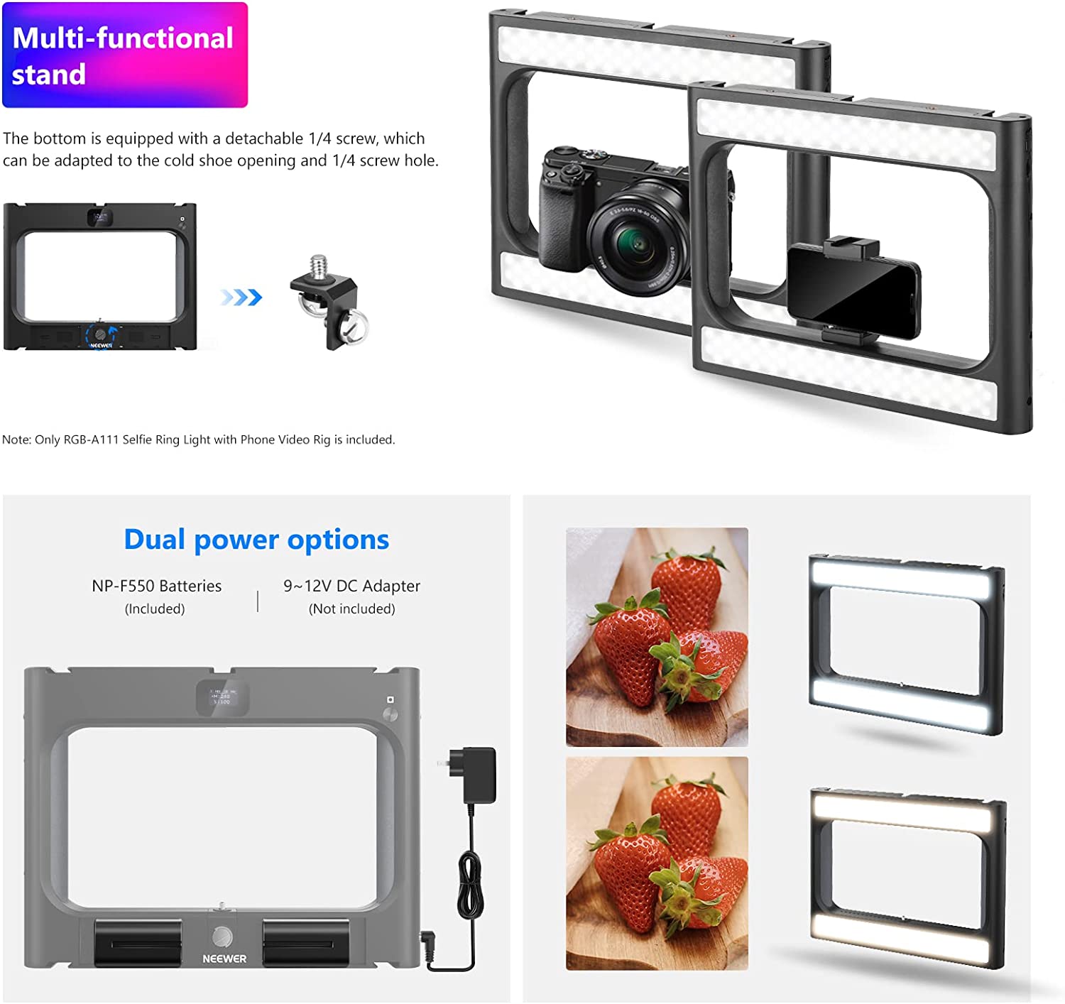 Kit VideoRig con lámpara RGB Neewer 10100582 con 2 baterías y cargador doble