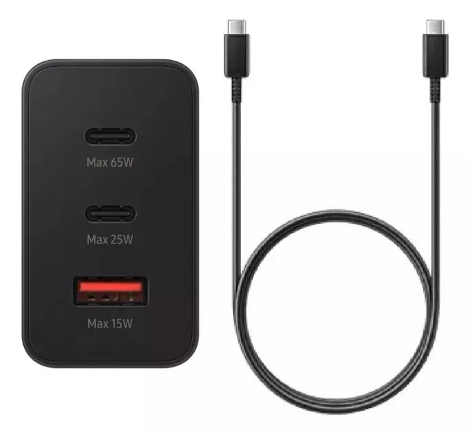 Adaptador Cargador Samsung 65W Super Fast Trio (USB-C x 2, USB-A Port)