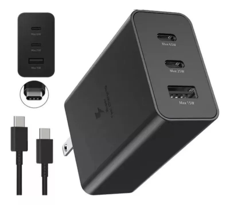 Adaptador Cargador Samsung 65W Super Fast Trio (USB-C x 2, USB-A Port)