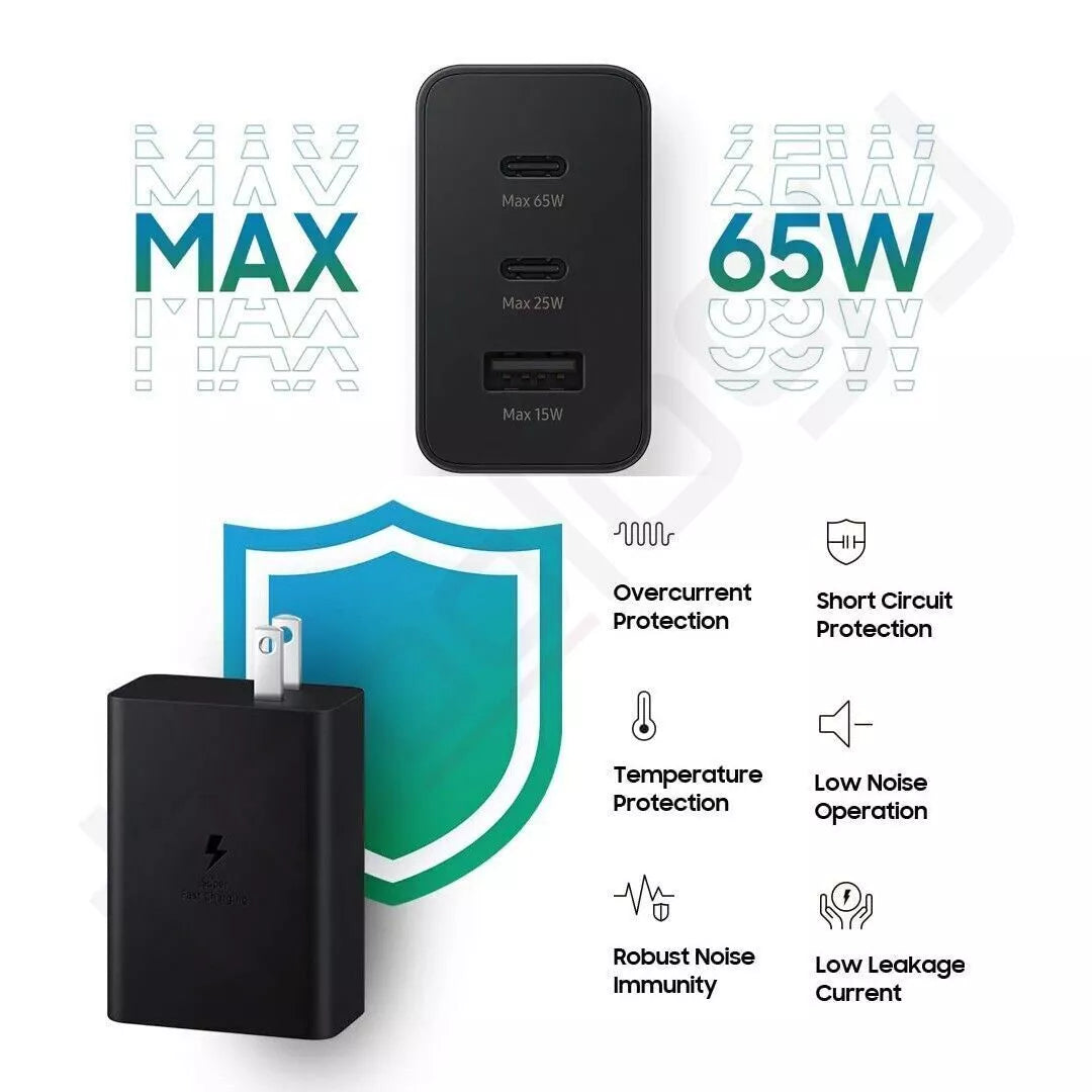 Adaptador Cargador Samsung 65W Super Fast Trio (USB-C x 2, USB-A Port)