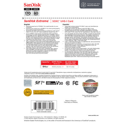 Tarjeta SanDisk Extreme SDXC de 64GB 170MB/s