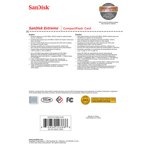 Tarjeta Sandisk Extreme 128GB Compact Flash